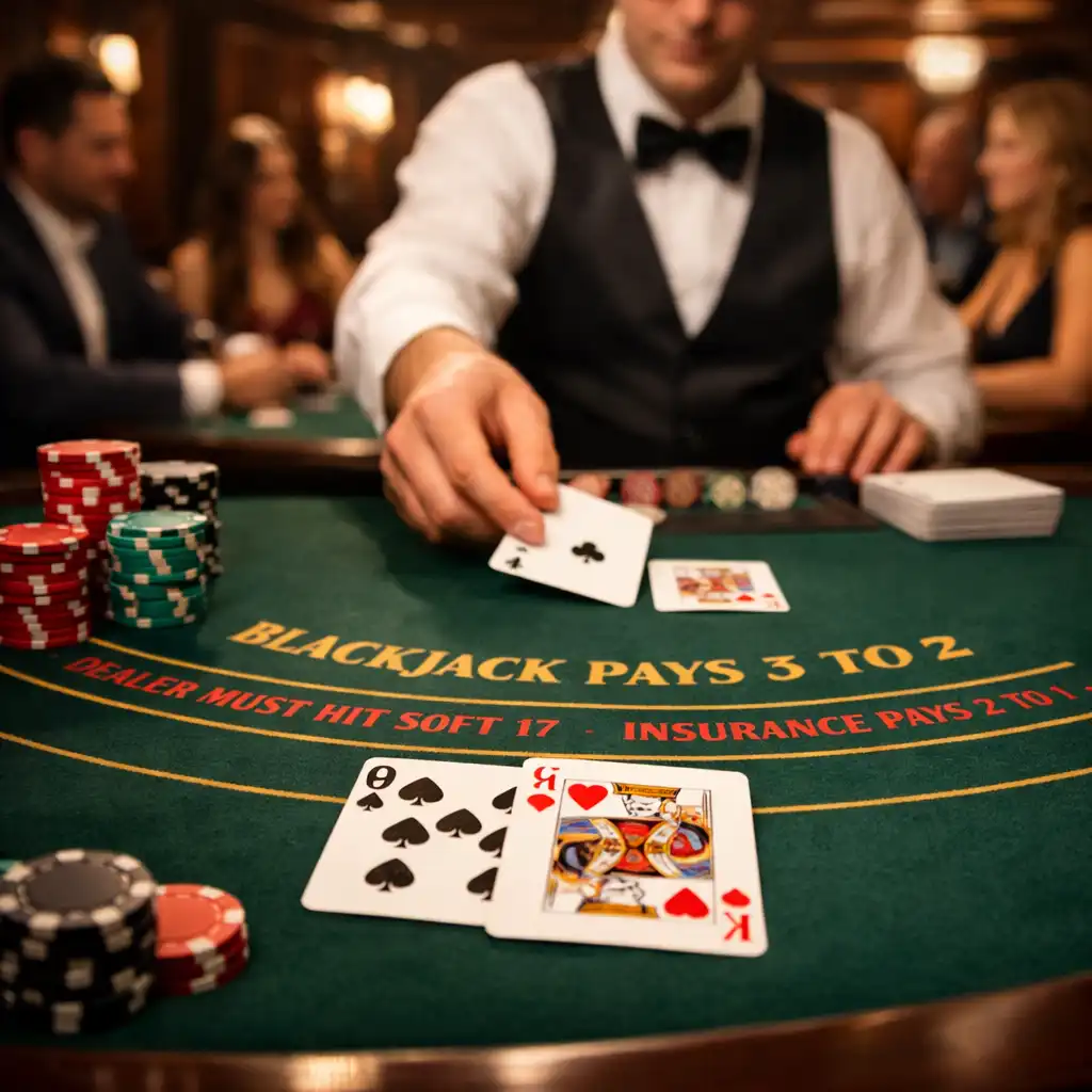 Widok na stół do blackjacka z kartami i żetonami, gracze w tle