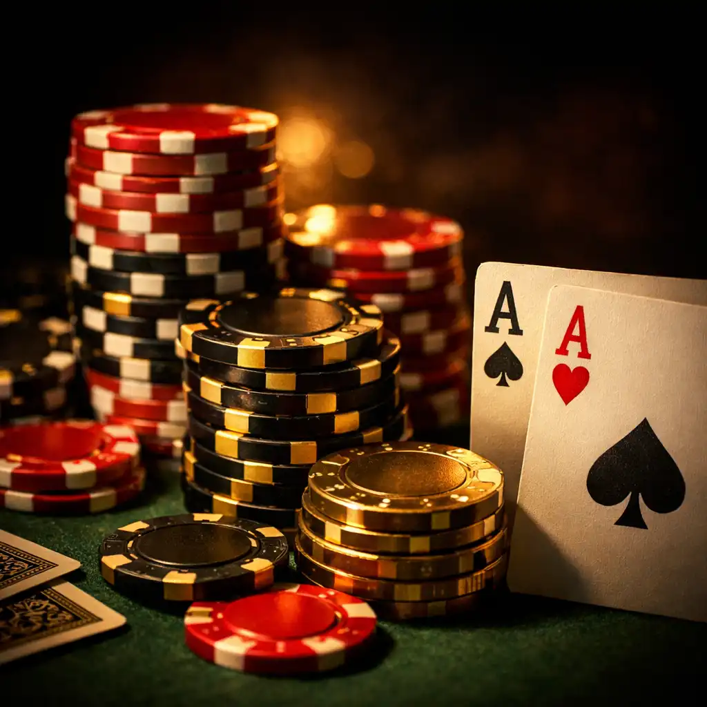 Zbliżenie na żetony pokerowe i karty na stole