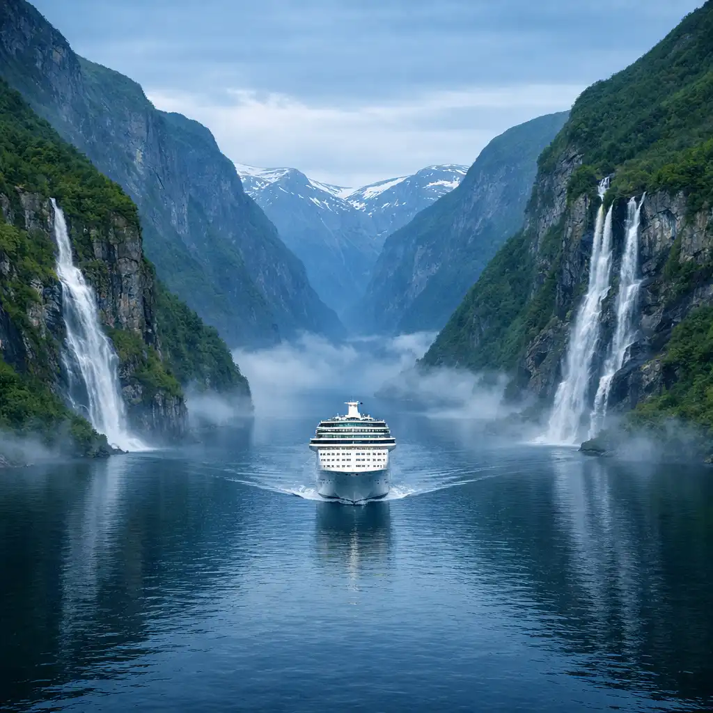Majestatyczny fiord norweski z wysokimi klifami i wodospadem, statek wycieczkowy na wodzie