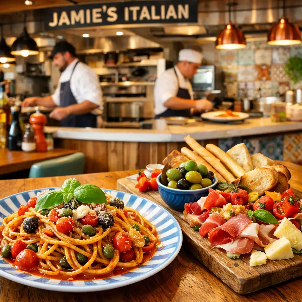 Żywe wnętrze restauracji Jamie's Italian z otwartą kuchnią, talerzem makaronu i deską antipasti