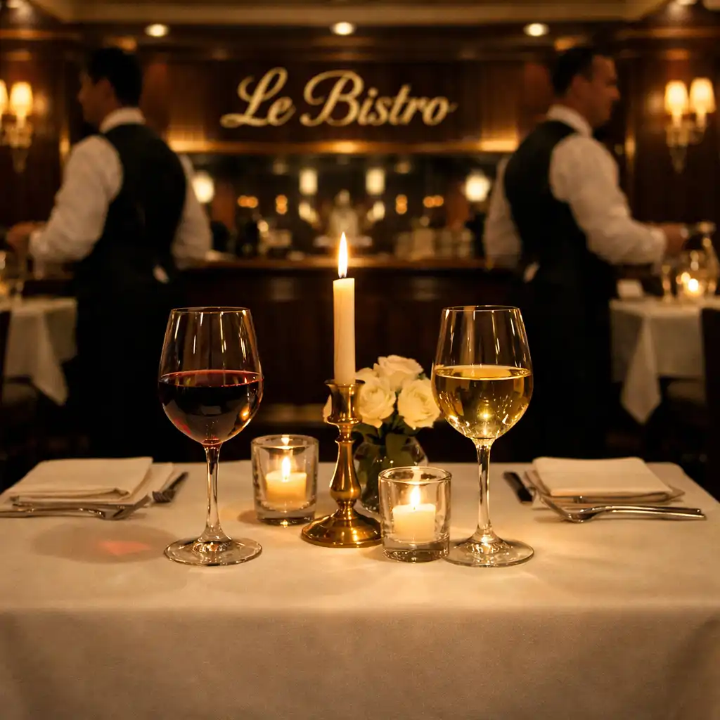 Eleganckie wnętrze restauracji Le Bistro z nakrytym stołem, kieliszkami wina i ciepłym oświetleniem