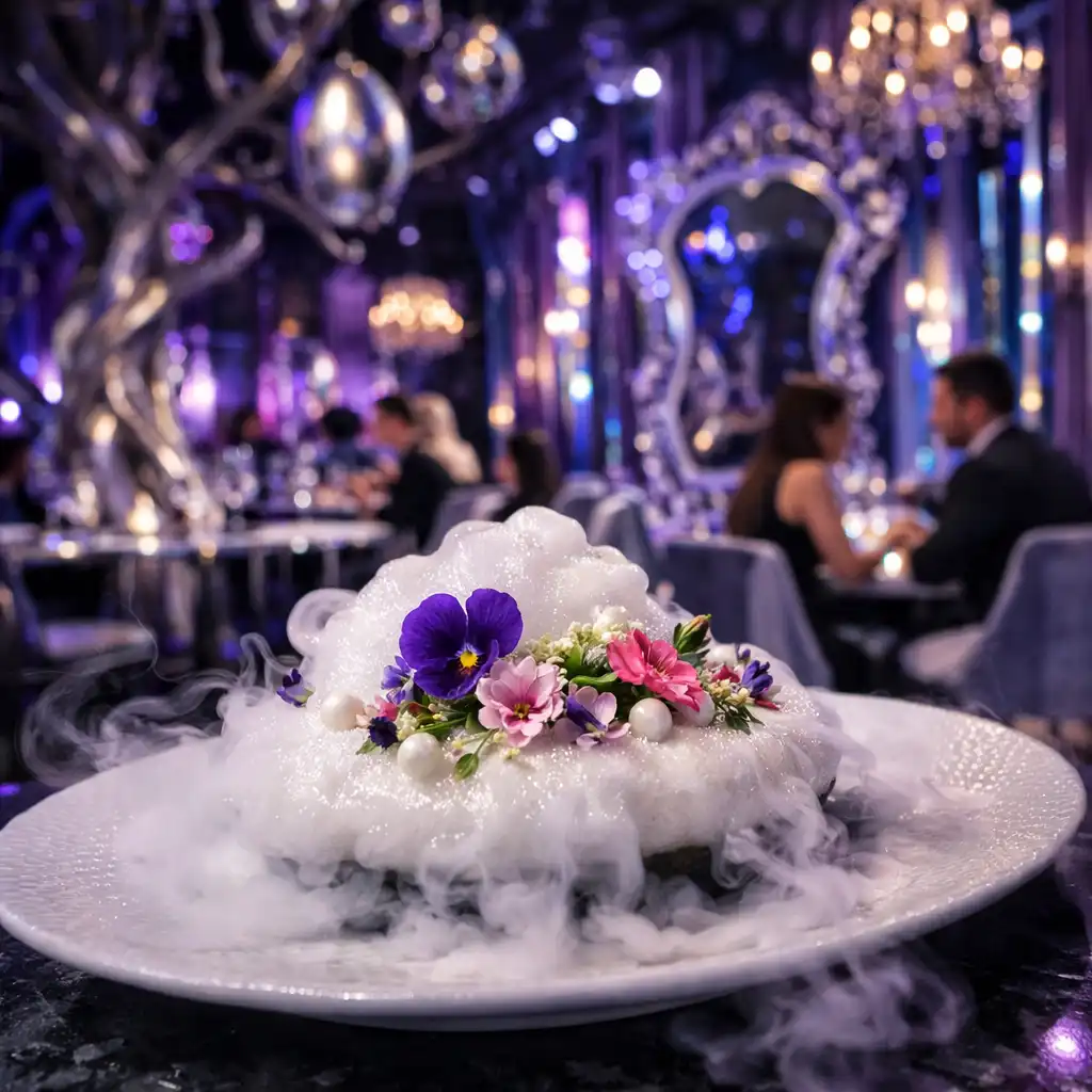 Surrealistyczne wnętrze restauracji Wonderland z lustrzanymi panelami, jadalnymi kwiatami i daniem z pianką