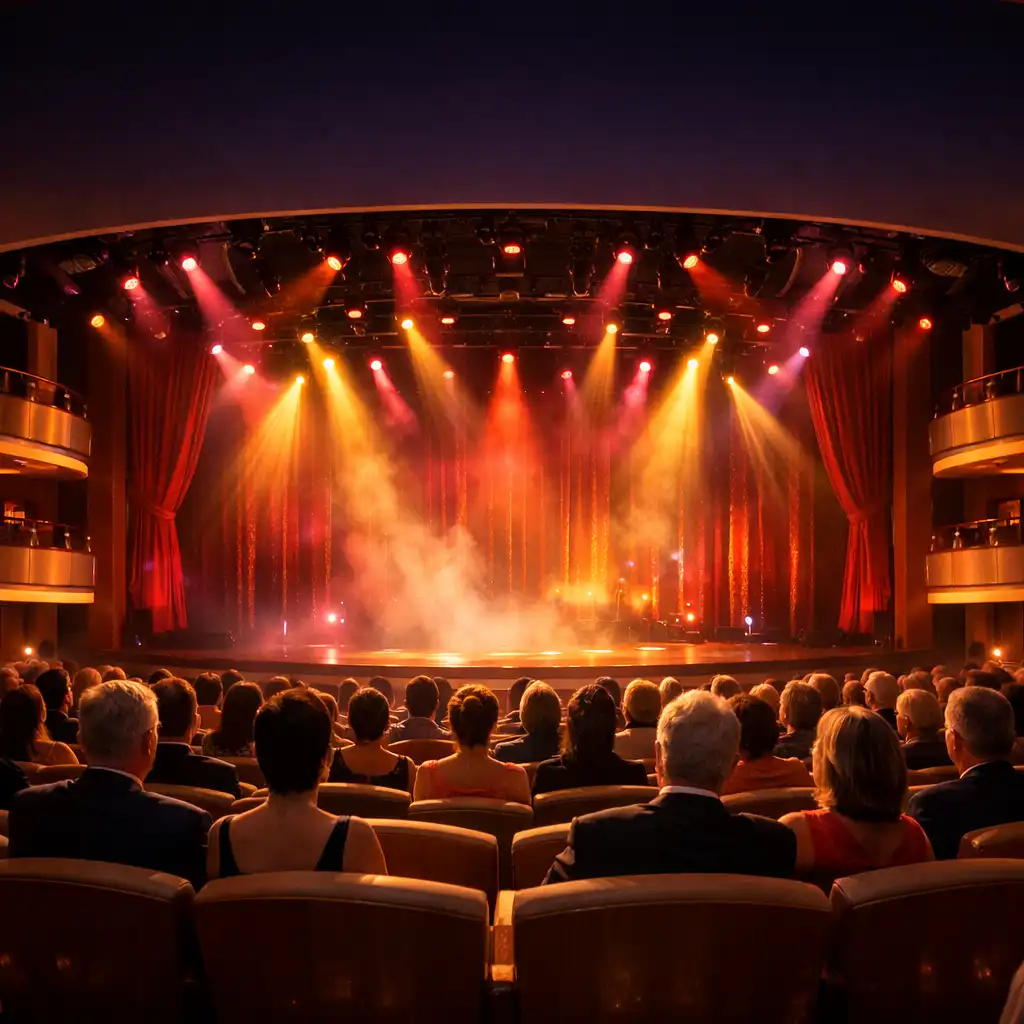 Teatr na statku wycieczkowym z kolorowymi światłami scenicznymi i elegancką widownią