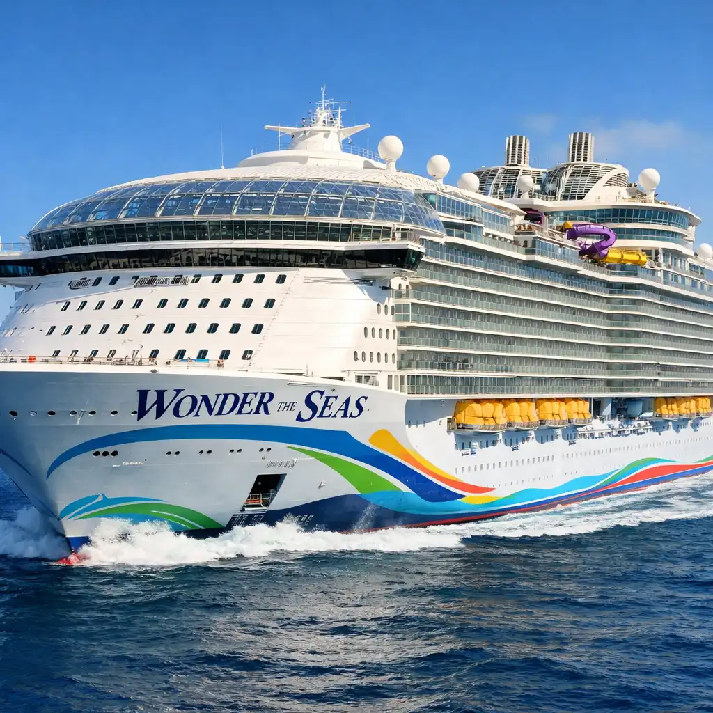 Statek Wonder of the Seas na morzu, widok z przodu