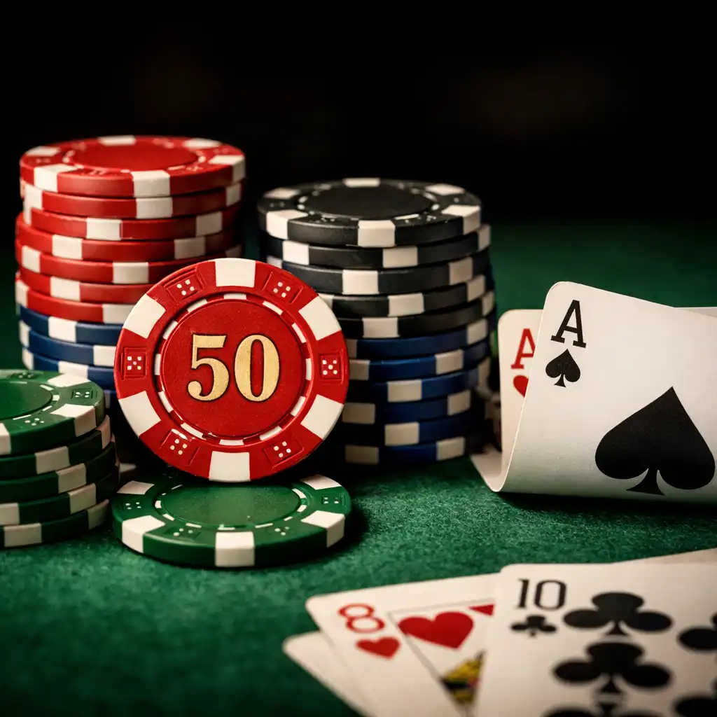 Zbliżenie na żetony pokerowe i karty na zielonym suknie stołu